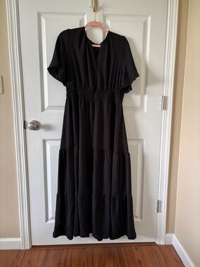 Women's Black Tiered Maxi Dress with Smocked Waist